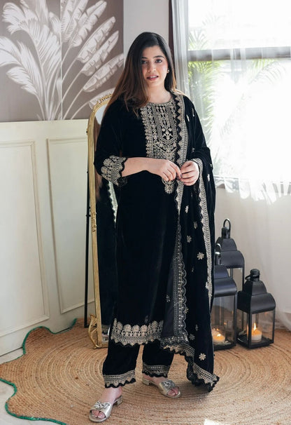 Product Image - Designer Velvet Top-Pant Dupatta Set for Weddings and Festive Wear