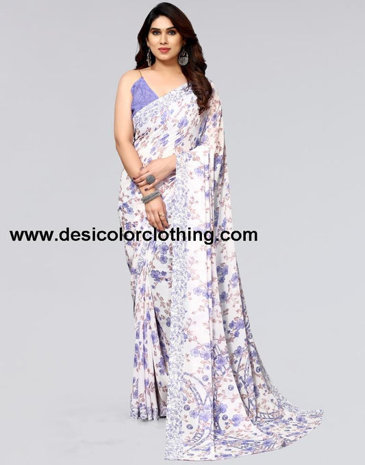 White Printed Georgette Saree