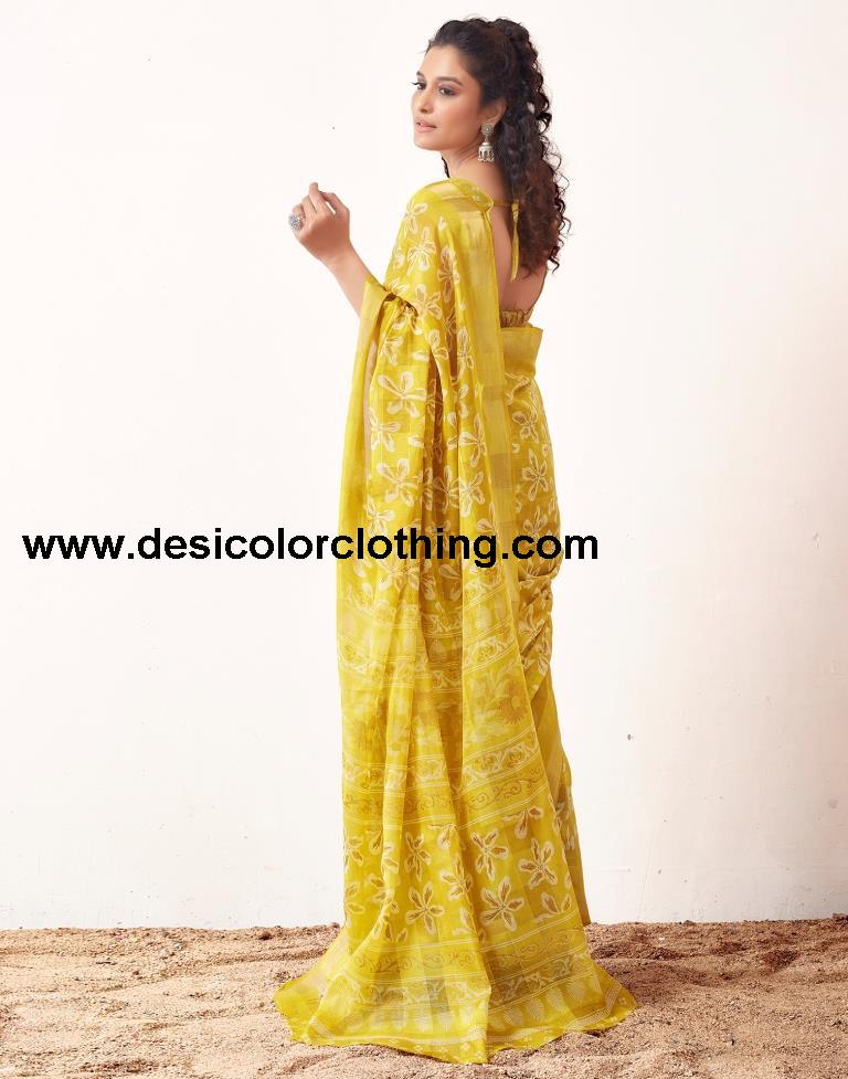 Yellow Cotton Printed Sarees