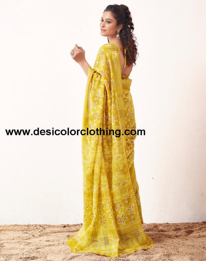 Yellow Cotton Printed Sarees