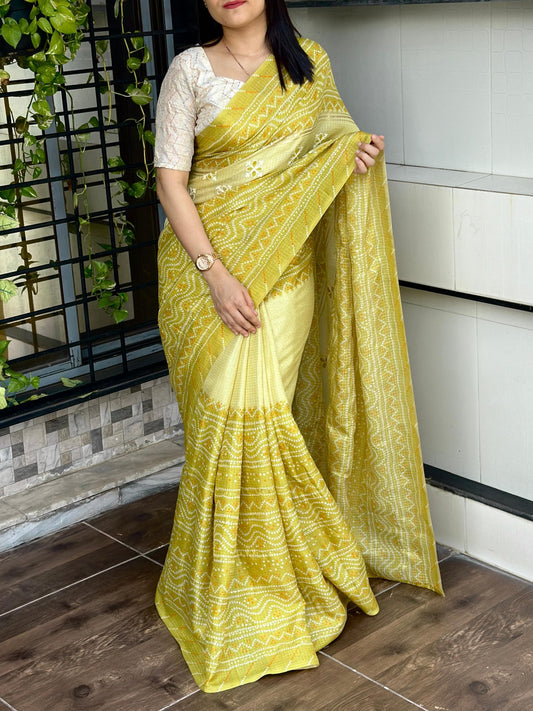 Product Image - Designer Kota Linen Saree with Bandhej Print & Sequin Work - Perfect Festive & Wedding Attire