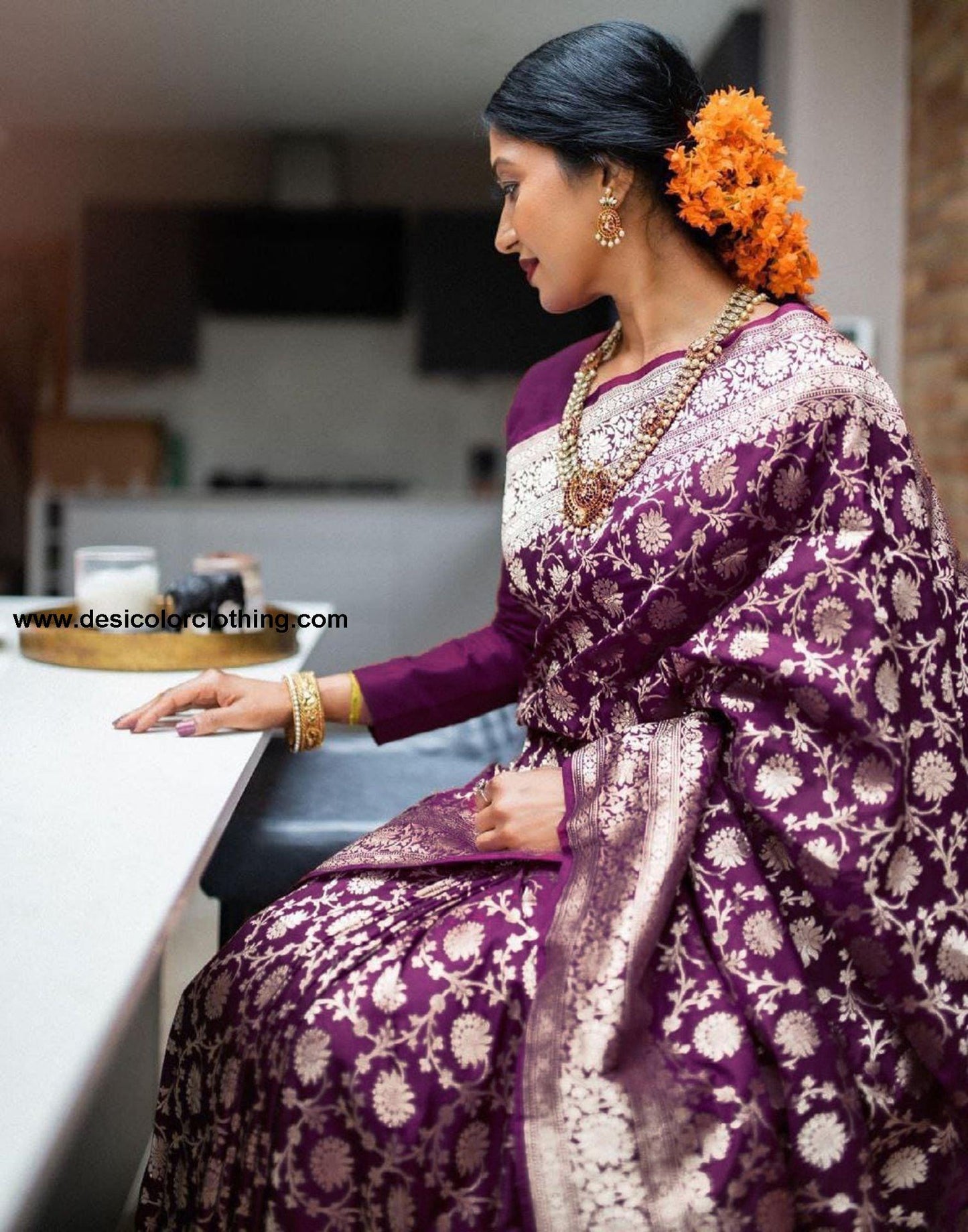 Wine Jacquard Silk Saree