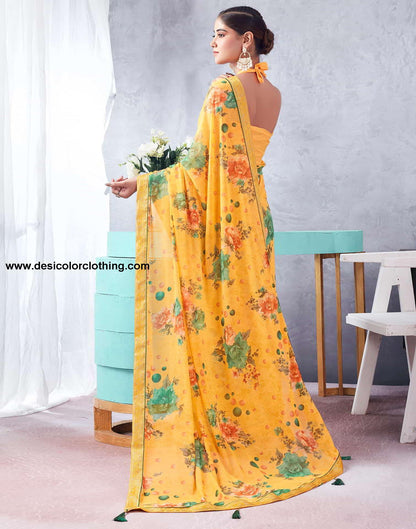 Yellow Printed Chiffon Saree