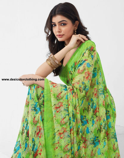 Parrot Green Printed Georgette Saree