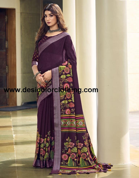 Wine Cotton Zari Saree