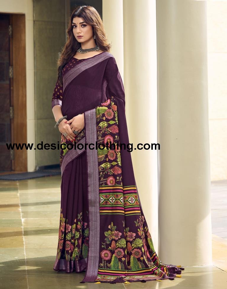 Wine Cotton Zari Saree