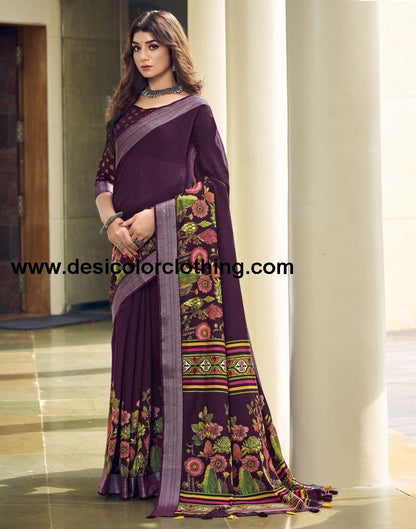 Wine Cotton Zari Saree