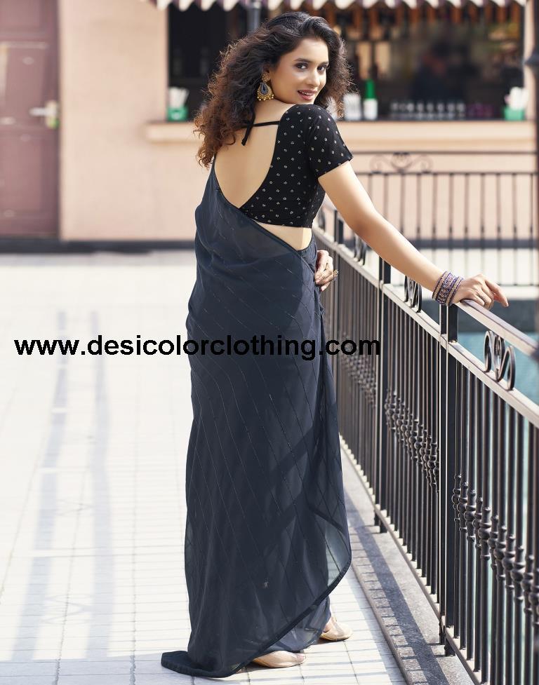Dark Navy Blue Plain Georgette Saree