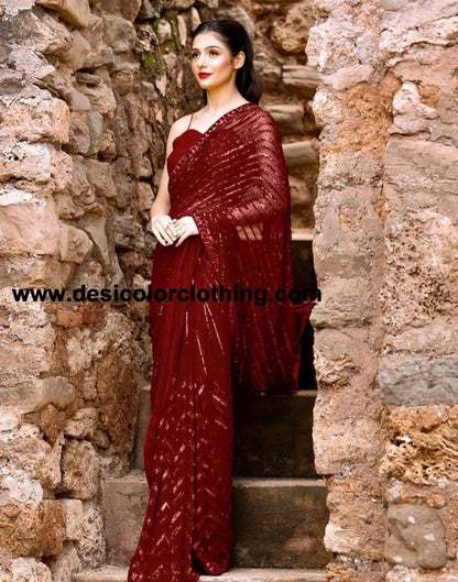 Red Georgette Plain Sarees