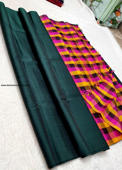 Kanchipuram 100% Pure Handwoven Borderless Silk Saree with Multi-Color Checks