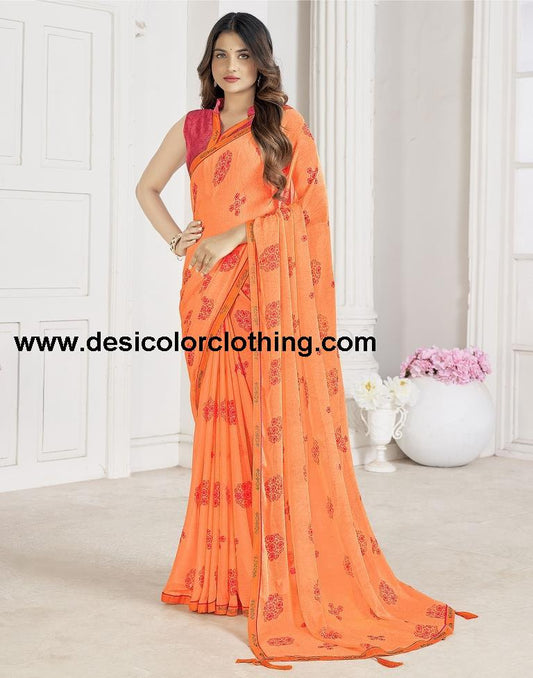 Orange Chiffon Printed Saree