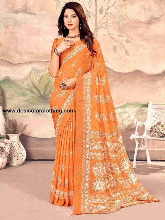 Orange Chiffon Printed Saree