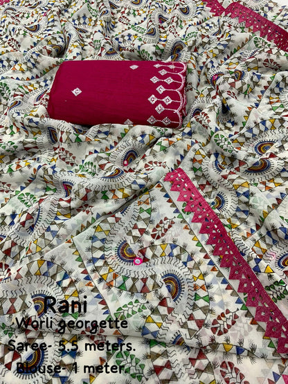 Product Image - Elegant Worli Georgette Saree with Aari Mirror Work