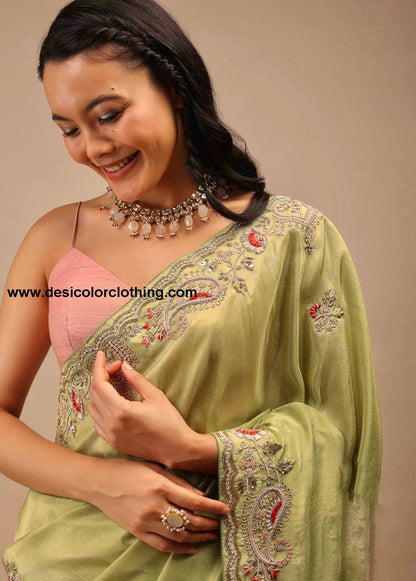 Premium Diamond Chinon Silk Saree with Heavy Embroidery