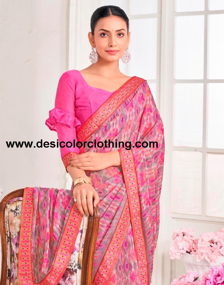 Pink Chiffon Printed Saree