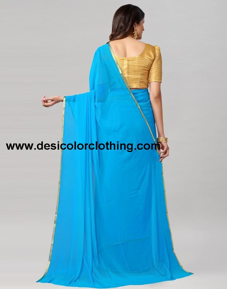 Sky Blue Plain Chiffon Saree