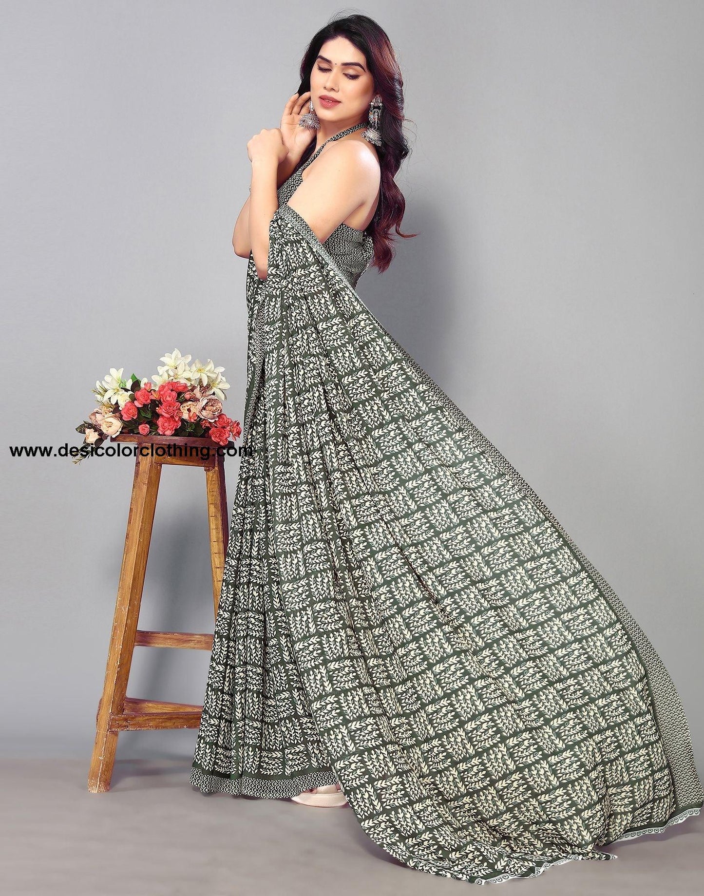 Dark Green Printed Saree