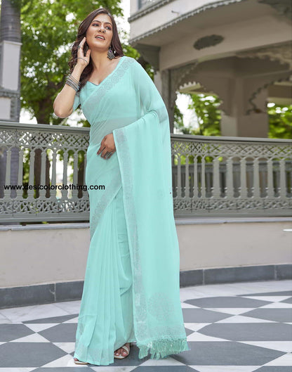 Turquoise Swarovski Georgette Stone Work Saree