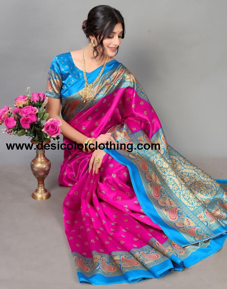 Rani Pink Printed Silk Saree