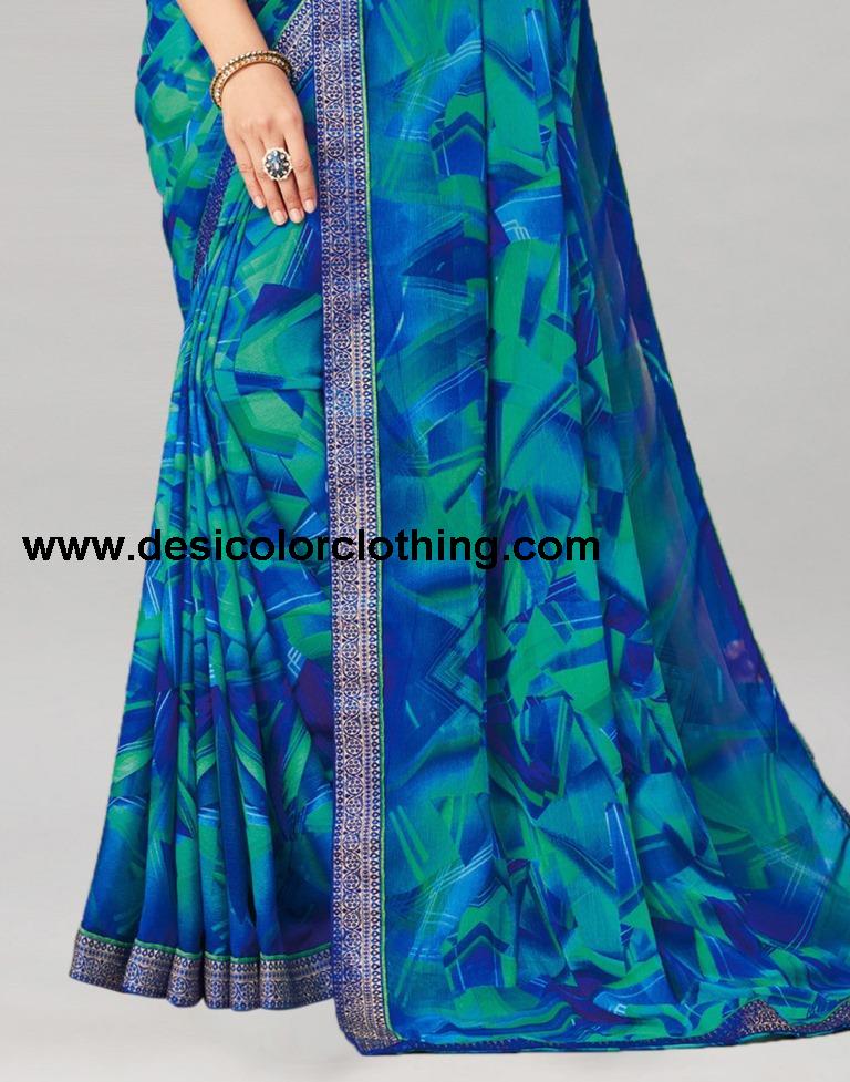Blue Coloured Chiffon Geometric Printed Saree | SLV2206S934