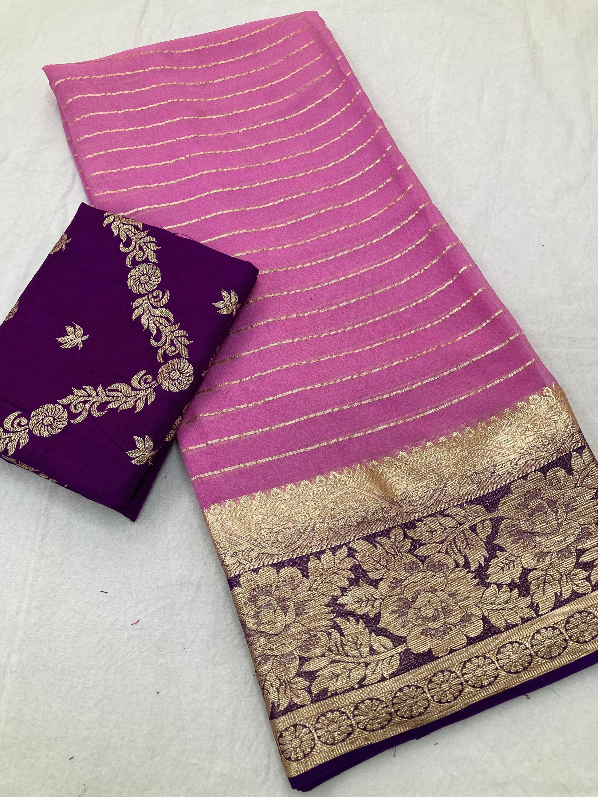 Product Image - Viscose Georgette Saree with Contrast Dola Banarasi Blouse | Designer Wedding & Festive Wear