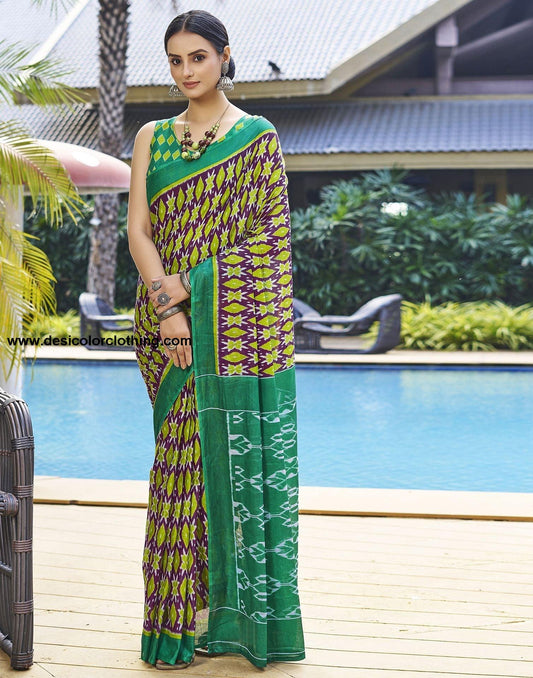 Purple Printed Cotton Pre-draped Saree