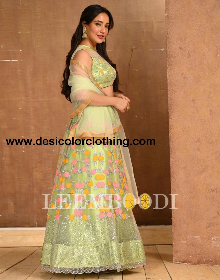 Pista Cream Coloured Net Sequence Embroidered Partywear Lehenga  | SLV125L10496