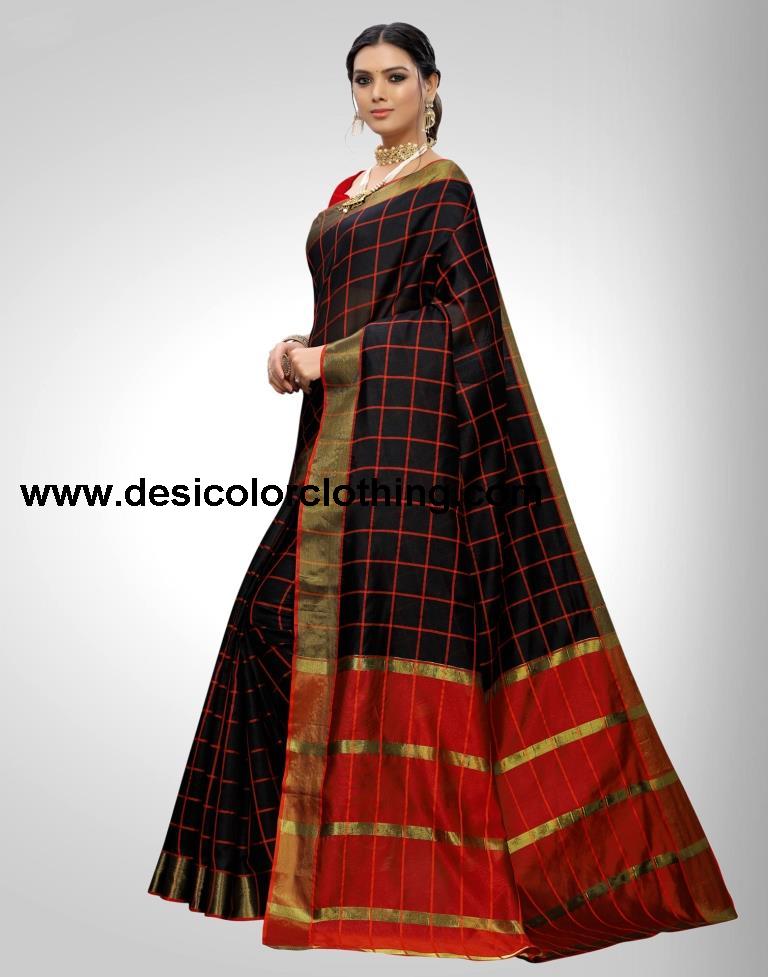 Black Coloured Chanderi Woven Checks Casual saree