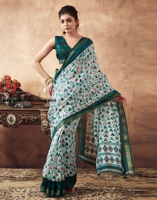 White Printed Cotton Saree