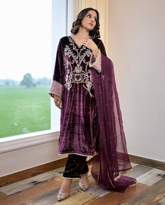 Product Image - Designer Velvet Sequence Embroidery Suit with Dupatta