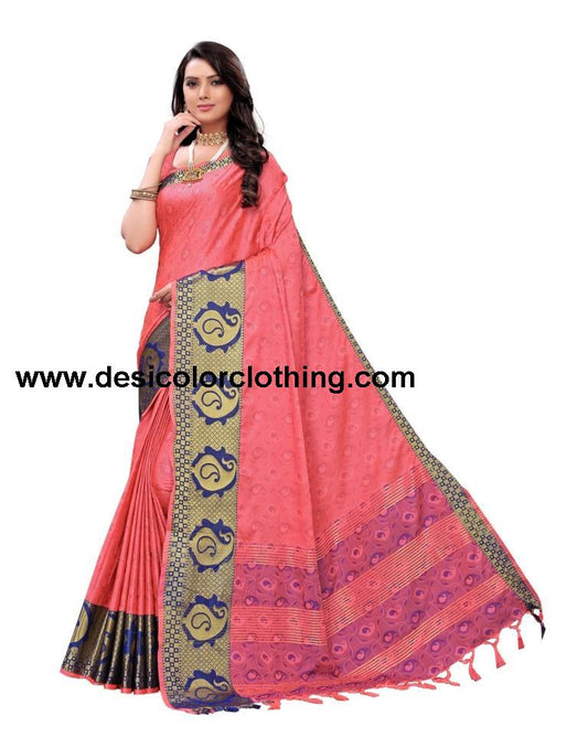 Brink Pink Coloured Poly Silk Jacquard Partywear saree