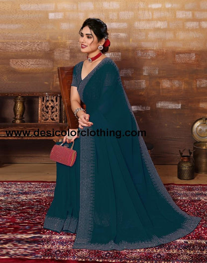Dark Teal Blue Plain Georgette Saree