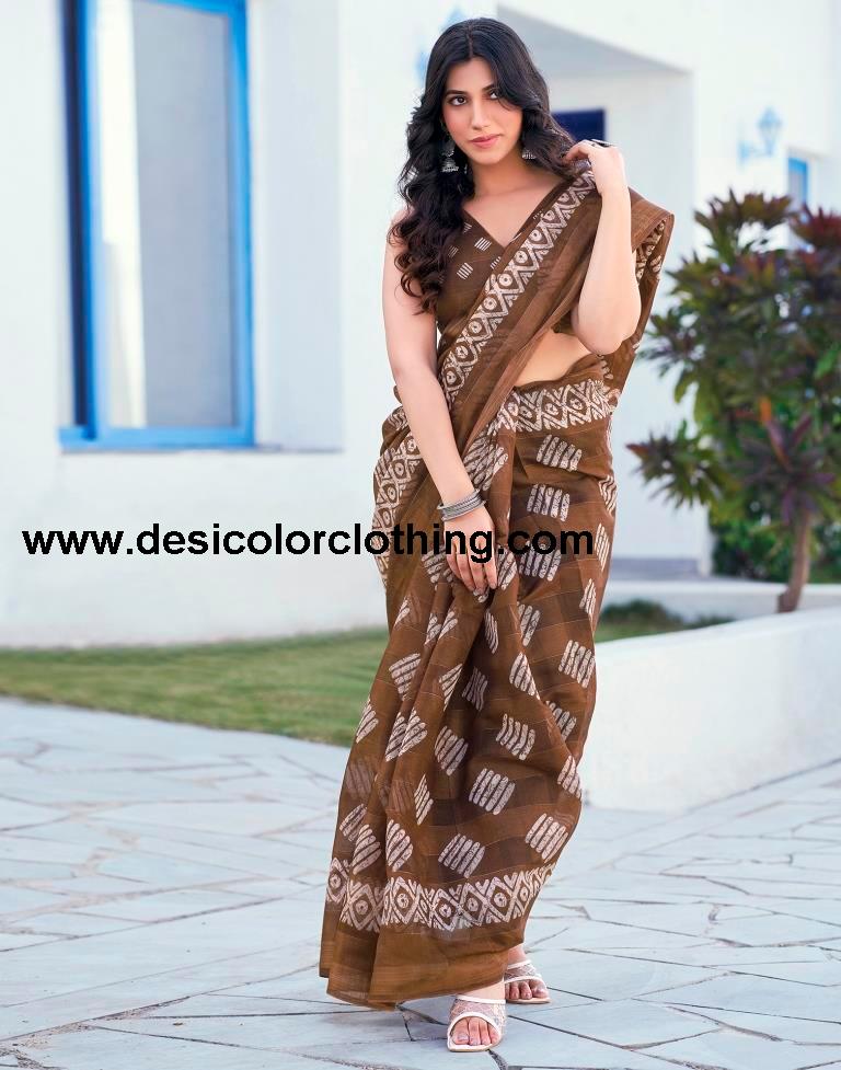 Brown Printed Cotton Saree