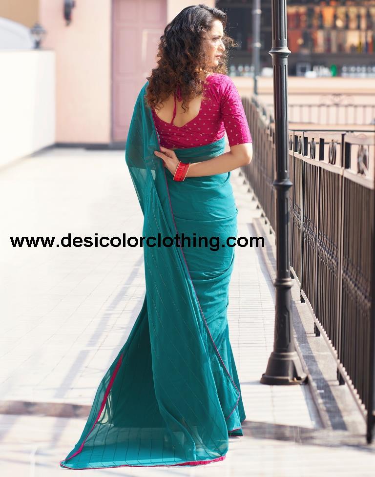 Rama Blue Plain Georgette Saree
