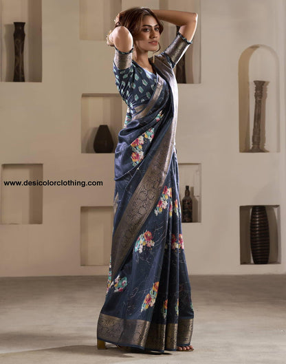 Blue Silk Printed Saree
