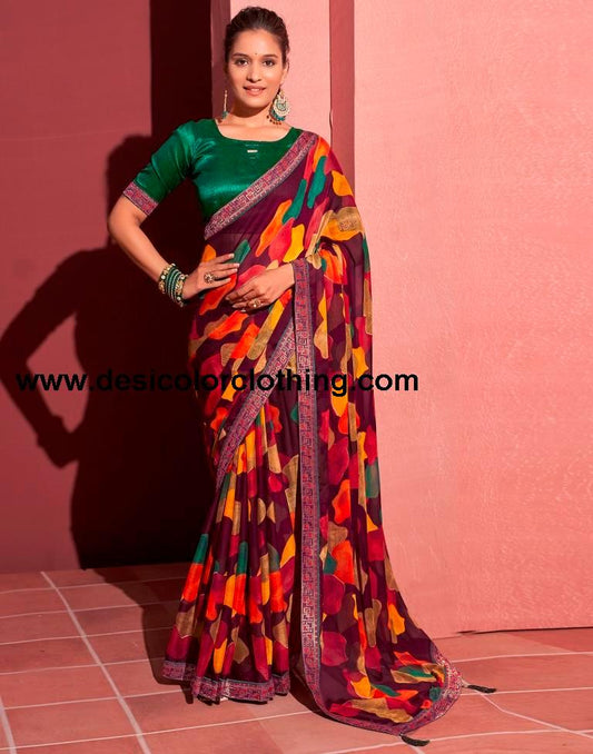 Wine Chiffon Printed Saree