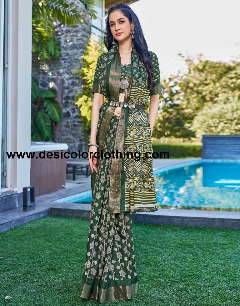 Dark Green Silk Printed Saree