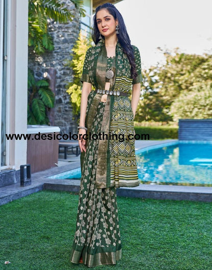 Dark Green Silk Printed Saree