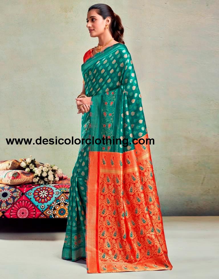 Teal Green Silk Woven Saree