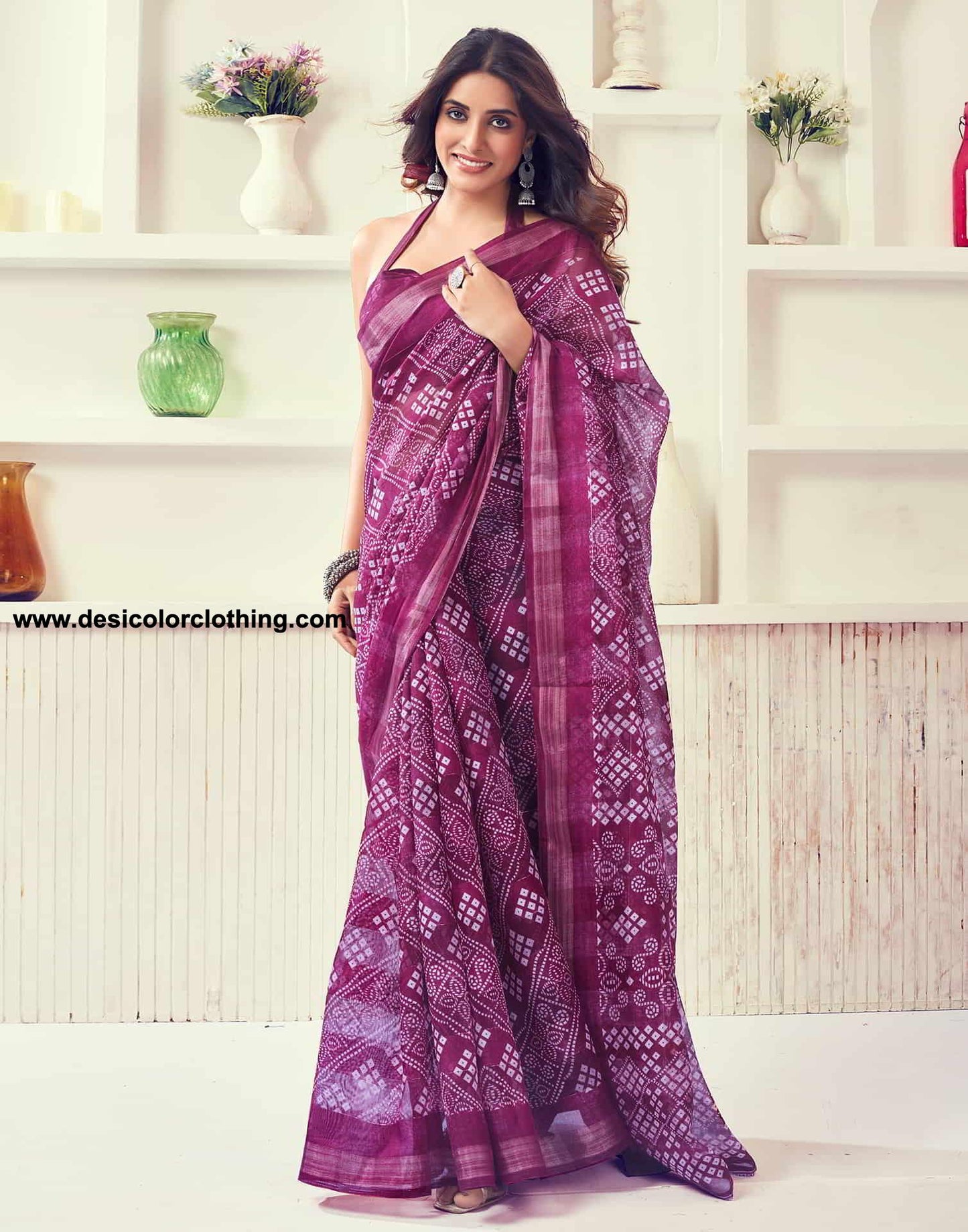 Wine Printed Cotton Bandhani Saree