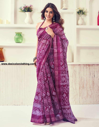 Wine Printed Cotton Bandhani Saree