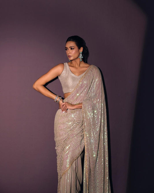 Product Image - Designer Bollywood Sequins Saree in Georgette Fabric - Perfect for Weddings & Festive Wear