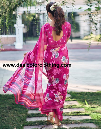 Rani Pink Cotton Printed Saree