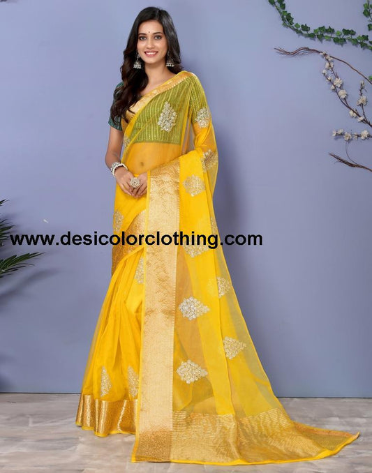 Yellow Organza Embroidery Saree