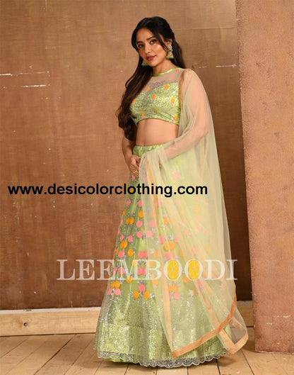 Pista Cream Coloured Net Sequence Embroidered Partywear Lehenga  | SLV125L10496