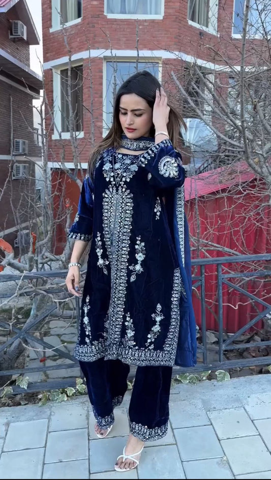 Product Image - Adorable Heavy Velvet Sequence Embroidery Work Suit with Plazo and Dupatta