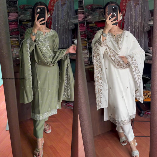 Pure Chinnon With Embroidery Sequence Work Top-Bottom And Dupatta Set Fully Stitched Ready To Wear*