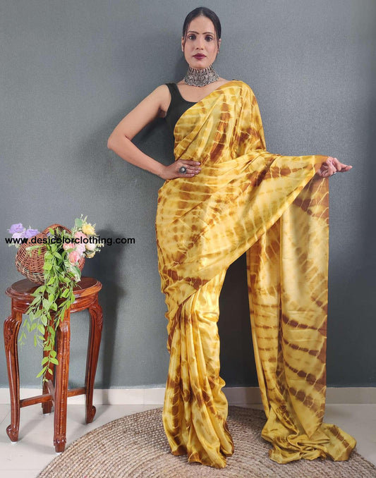 Yellow Printed Silk Pre-draped Saree