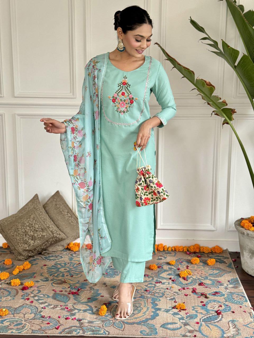 Product Image - Elegant Embroidered Kurti Set with Silk Dupatta