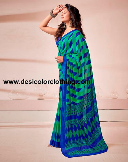 Dark Blue Georgette Printed Saree
